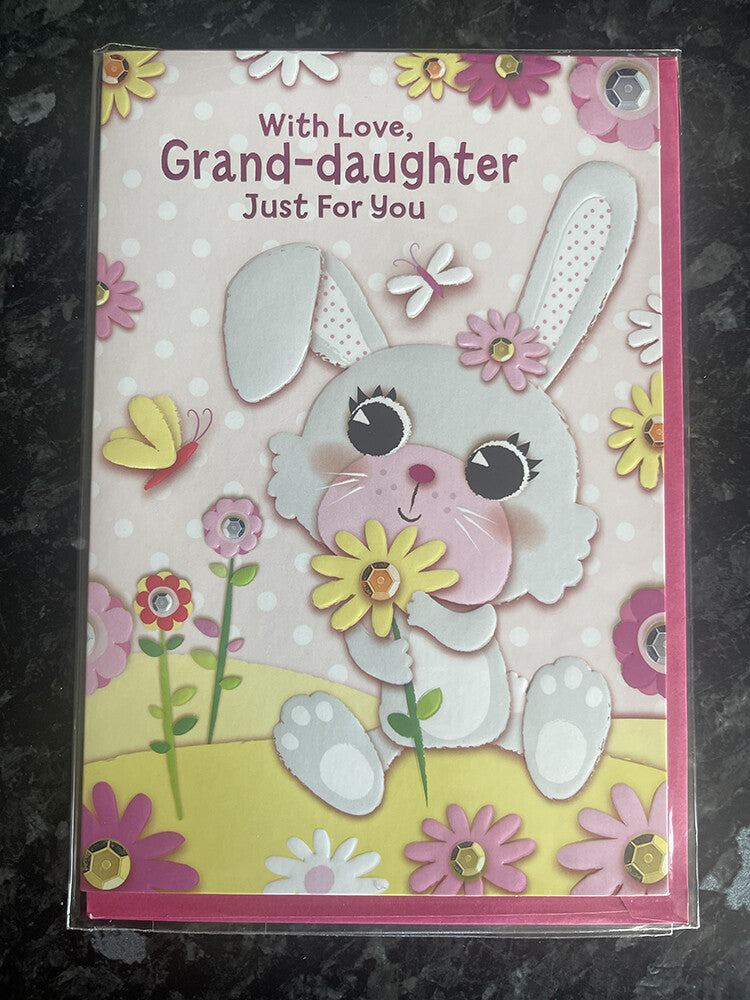 Granddaughter Happy Birthday Card Cute Rabbit Flowers Butterflies