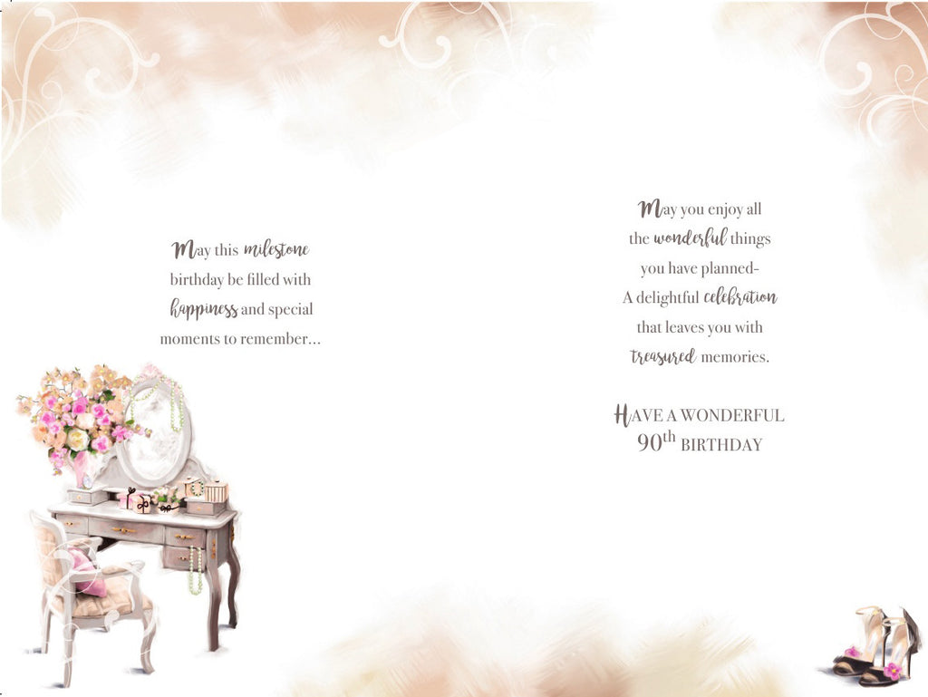 90th Happy Birthday Card 90 Dressing Table Flowers Presents Design Lovely Verse