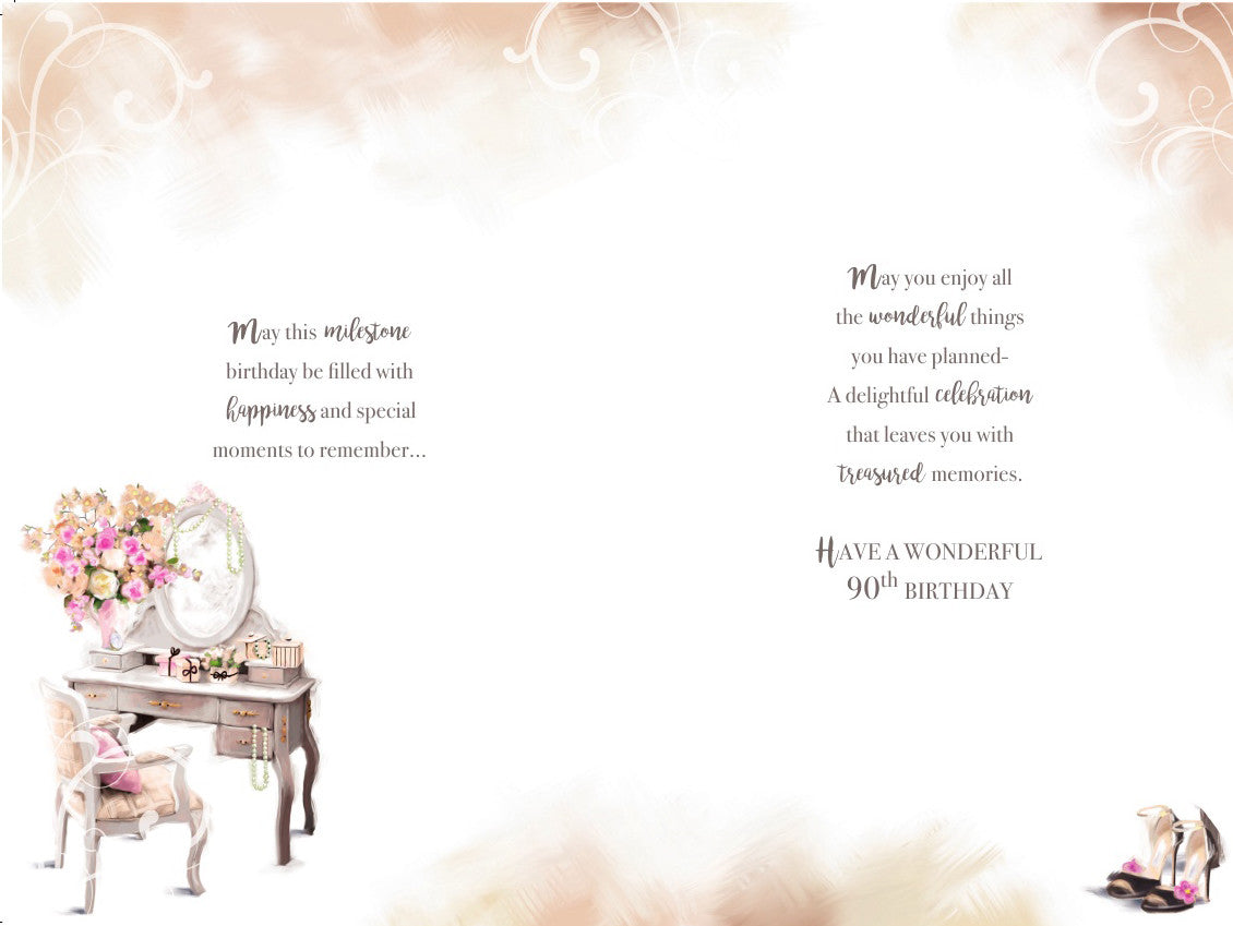 90th Happy Birthday Card 90 Dressing Table Flowers Presents Design Lovely Verse
