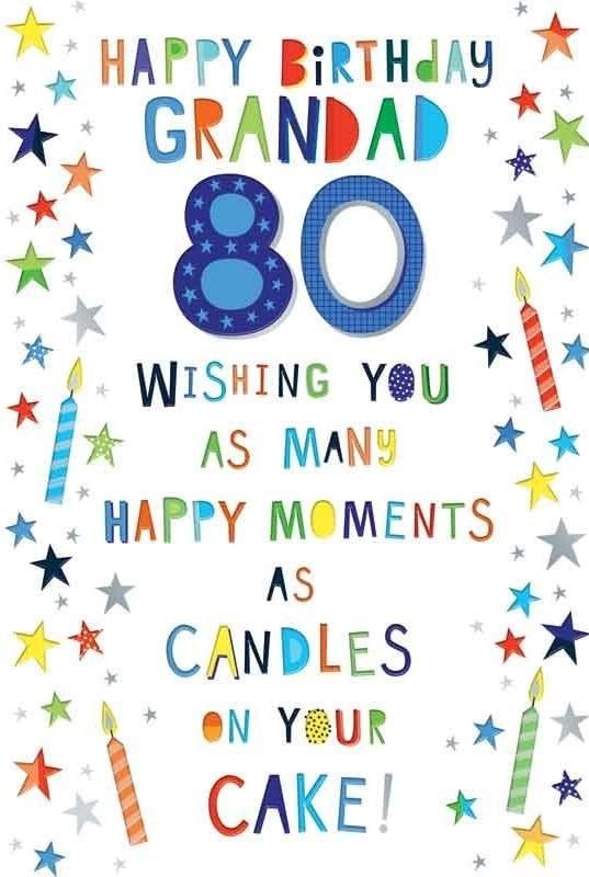 80th Birthday Card for Grandad  Colourful Stars & Candles  15x23cm Insert