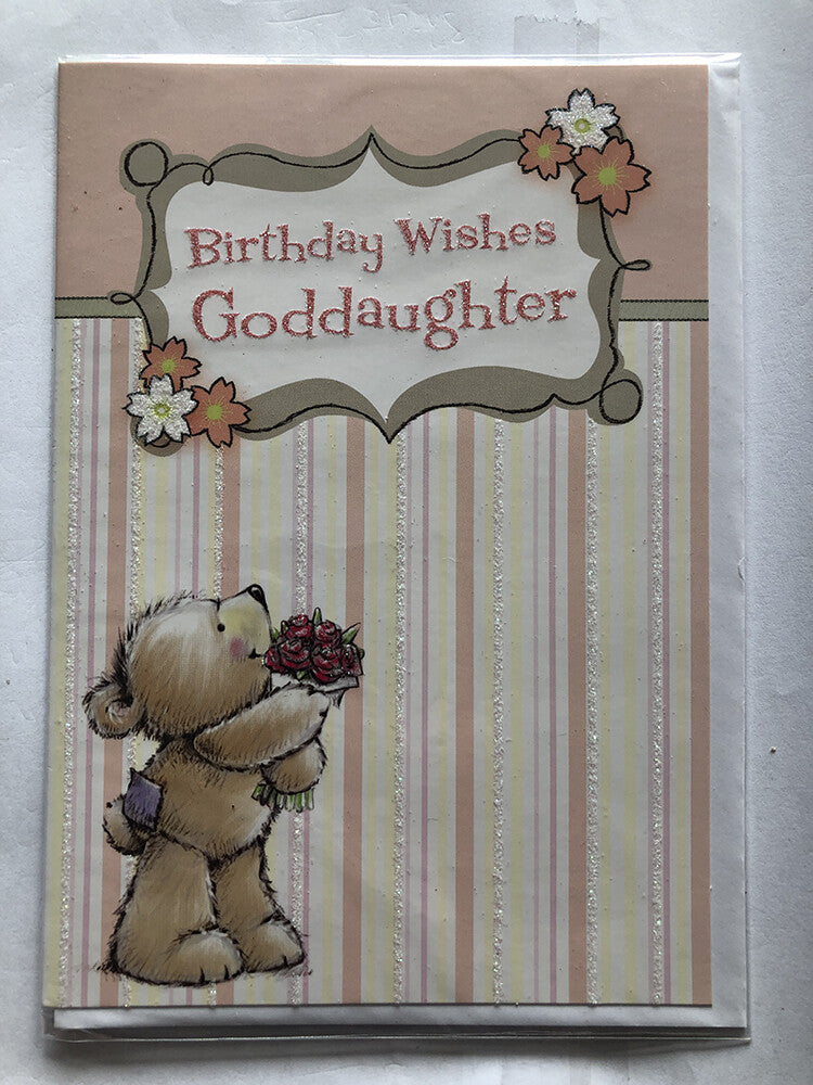 Goddaughter Happy Birthday Card Cute Bear Flower Bouquet
