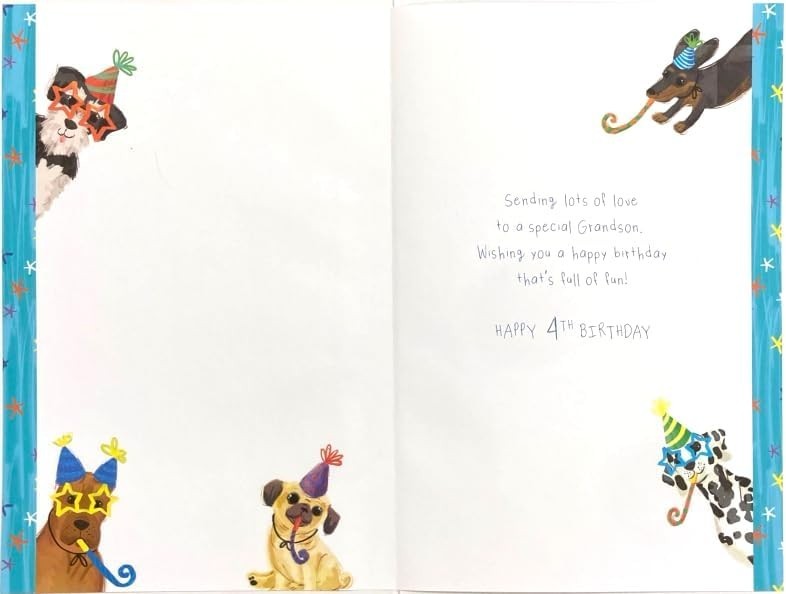 4th Birthday Card for Grandson  Dog Party Design  15x23cm  Colour Insert