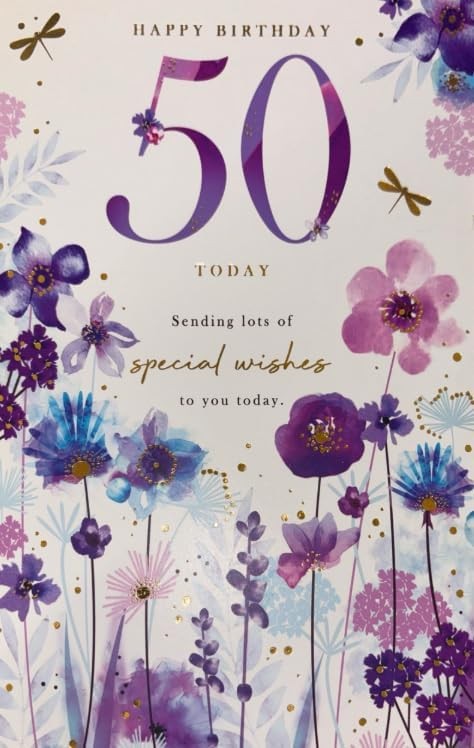 50th Birthday Card  Floral & Dragonfly Design with Verse  15x23cm