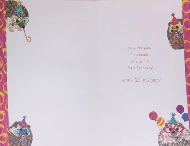 2nd Birthday Card for Niece  Hedgehog Party Design  15x23cm Insert