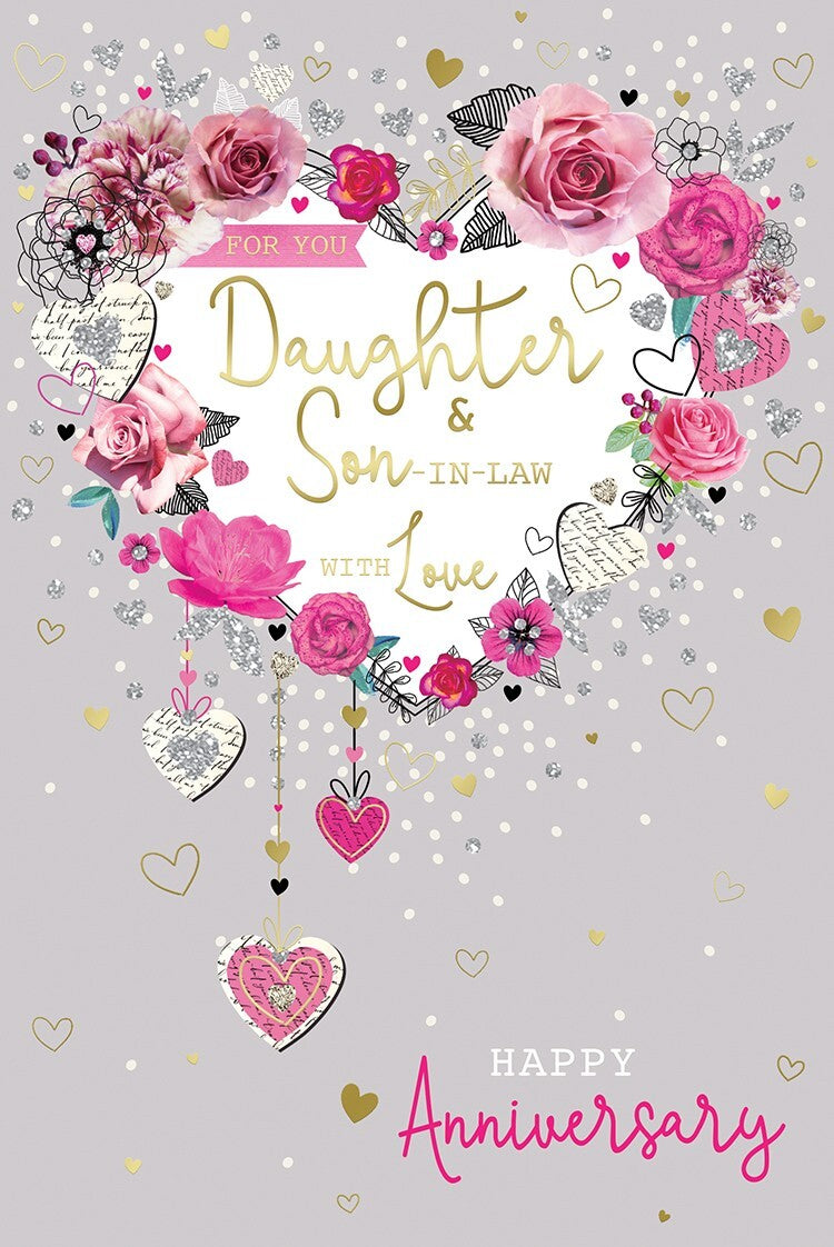 For You Daughter & Son-in-Law Happy Anniversary Card - Floral Hearts
