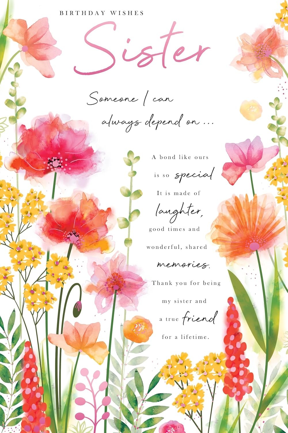 Sister Birthday Card  Watercolour Floral & Sentimental Verse  15x23cm