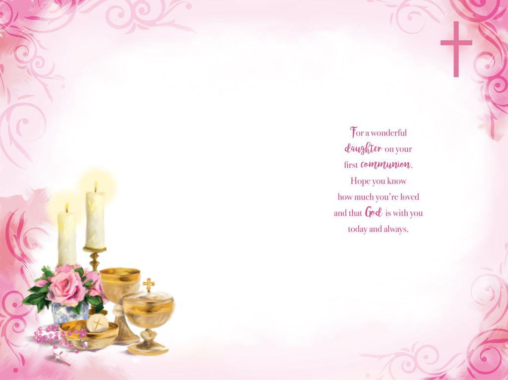 First Holy Communion Card Daughter - Pink & Gold Design, Candles, Rosary