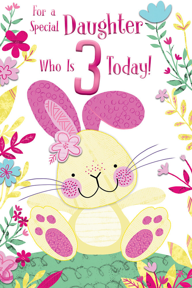 For a Special Daughter 3rd Birthday Card - Cute Rabbit, Flowers, Butterflies