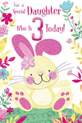 For a Special Daughter 3rd Birthday Card - Cute Rabbit, Flowers, Butterflies