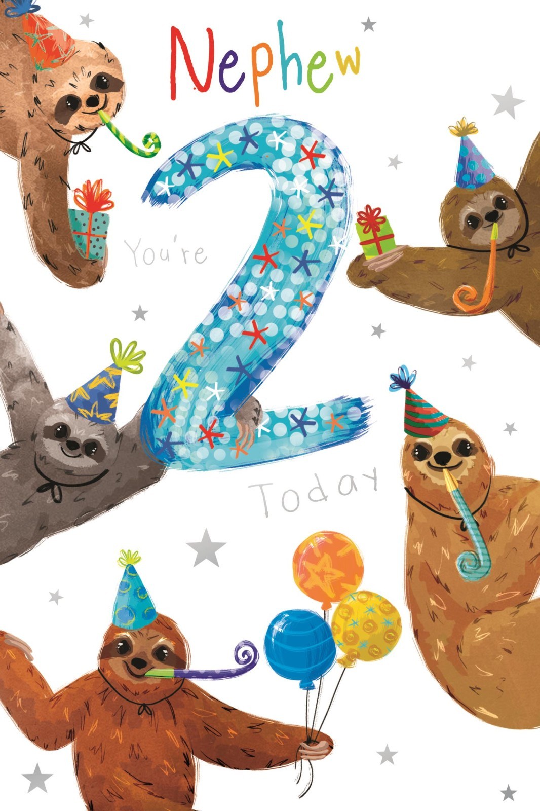 2nd Birthday Card for Nephew  Sloth Party Design  15x23cm  Colour Insert