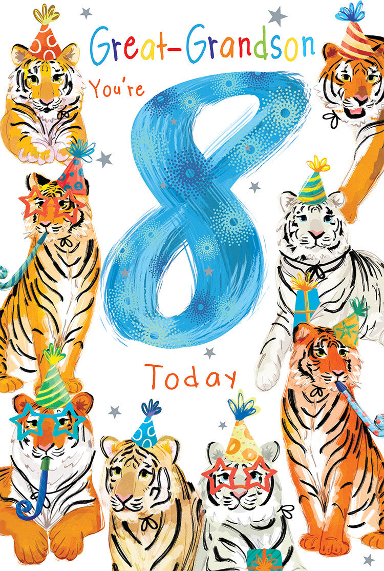 Great Grandson 8th Birthday Card Age 8 Tigers 9" x 6" Lovely Verse