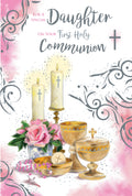 First Holy Communion Card Daughter - Pink & Gold Design, Candles, Rosary