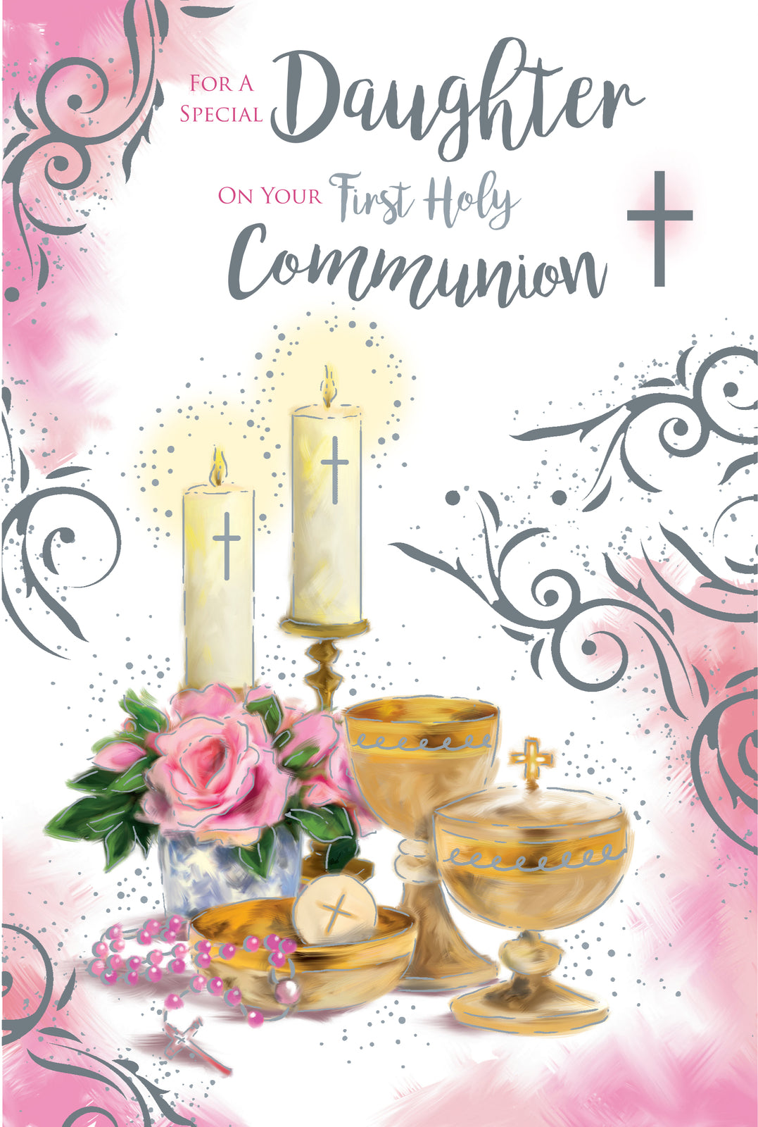 First Holy Communion Card Daughter - Pink & Gold Design, Candles, Rosary