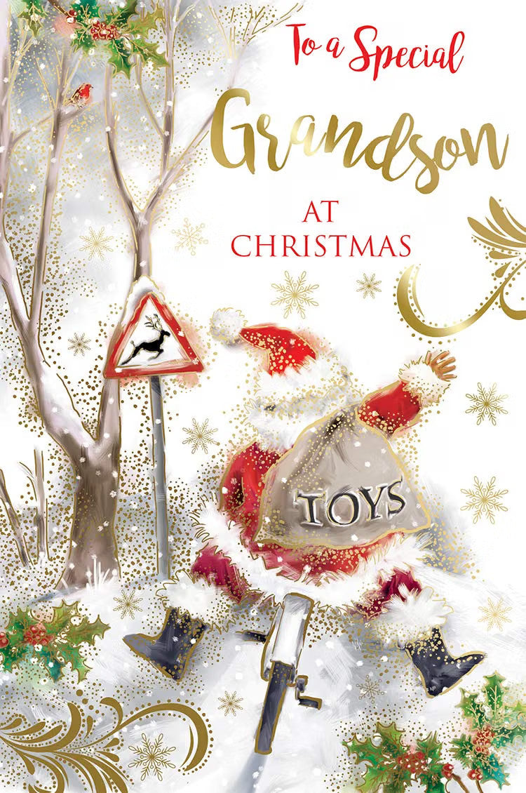 Grandson Christmas Card Santa Cycling Sack Of Toys & Holly Design Lovely Verse