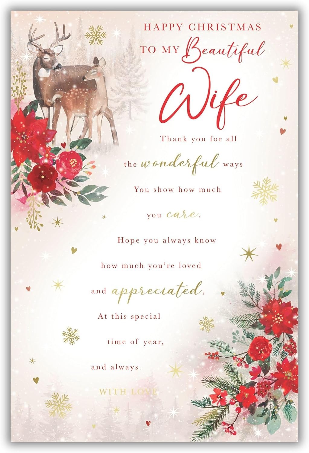 Wife Christmas card with two deer in snowy woodland, red flowers and Happy Christmas To My Beautiful Wife lettering