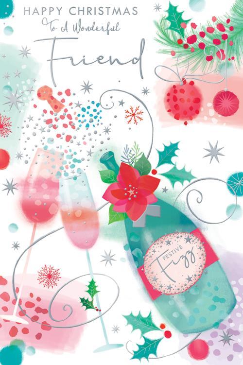 Wonderful Friend Christmas Card Champagne & Glasses Design Lovely Verse