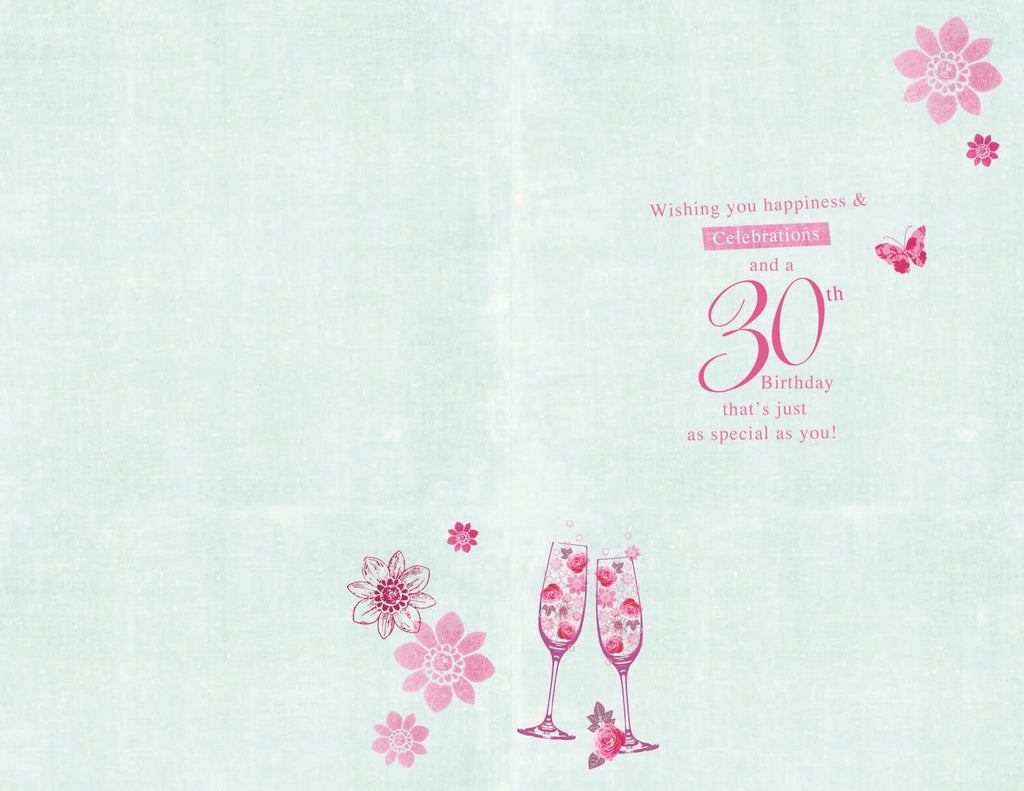 Happy 30th Birthday Card Roses & Glasses Design Bright Modern Happy Birthday
