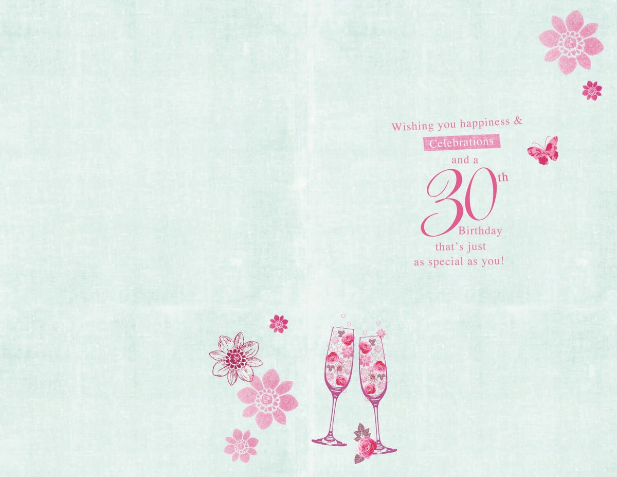 Happy 30th Birthday Card Roses & Glasses Design Bright Modern Happy Birthday