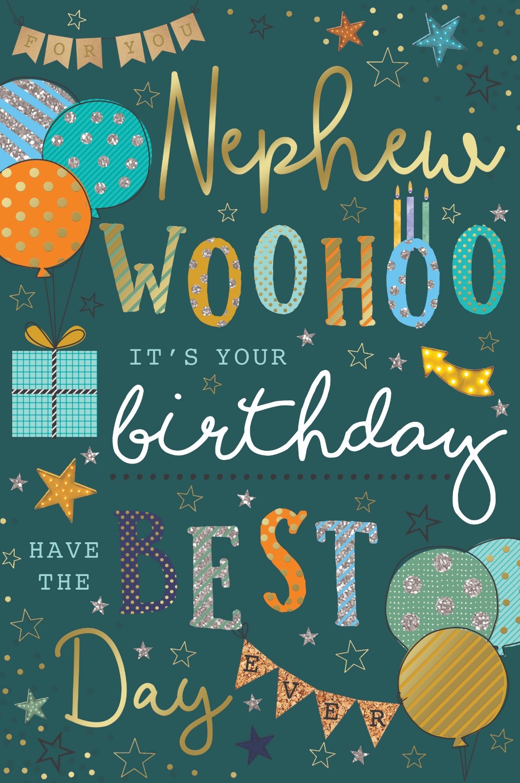 Nephew Happy Birthday Card Presents Stars & Bunting Design Lovely Verse
