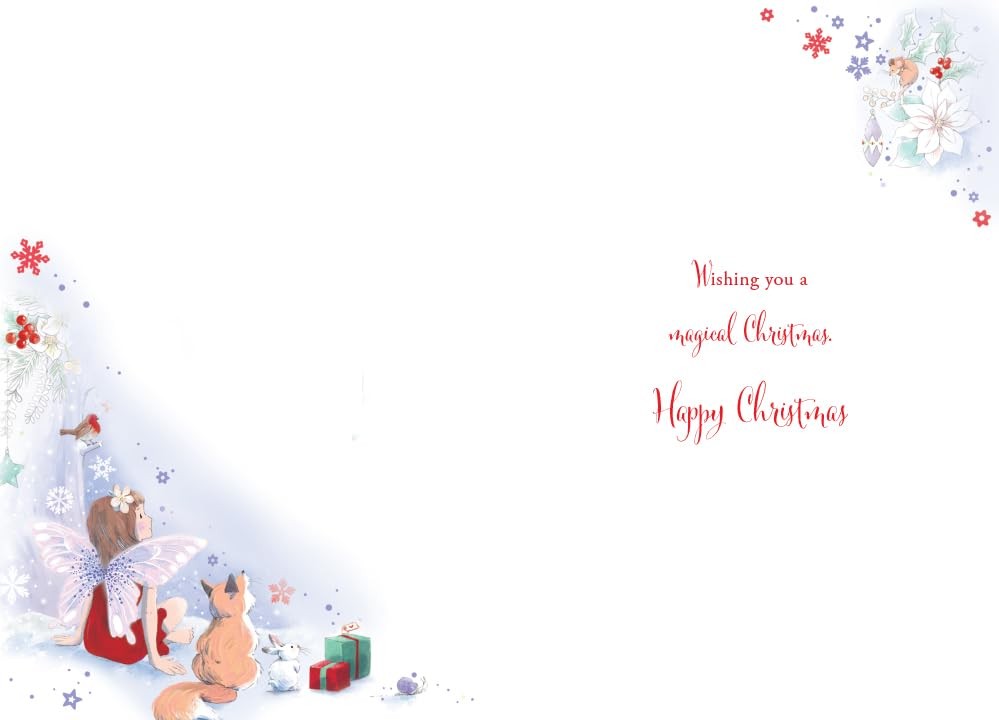 Open Christmas Card Modern Fairy Fox Rabbit 7.5" x 5" Lovely Verse