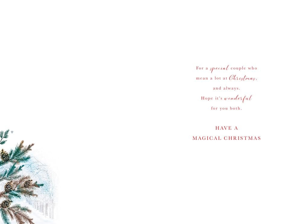 Inside of son and wife Christmas card with snowy pine artwork and a verse wishing them a magical Christmas