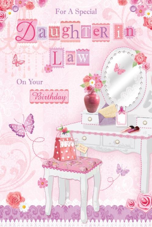 Daughter In Law Birthday Card Dressing Table Gift & Butterfly Design Happy