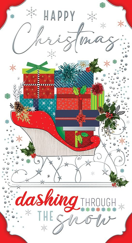 Open Christmas Card Happy Christmas Sleigh Presents Holly & Snow Bright Design
