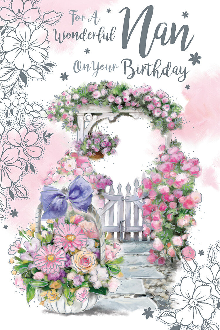 Nan Happy Birthday Card Flowers & Gate 9" x 6"