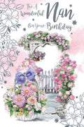 Nan Happy Birthday Card Flowers & Gate 9" x 6"