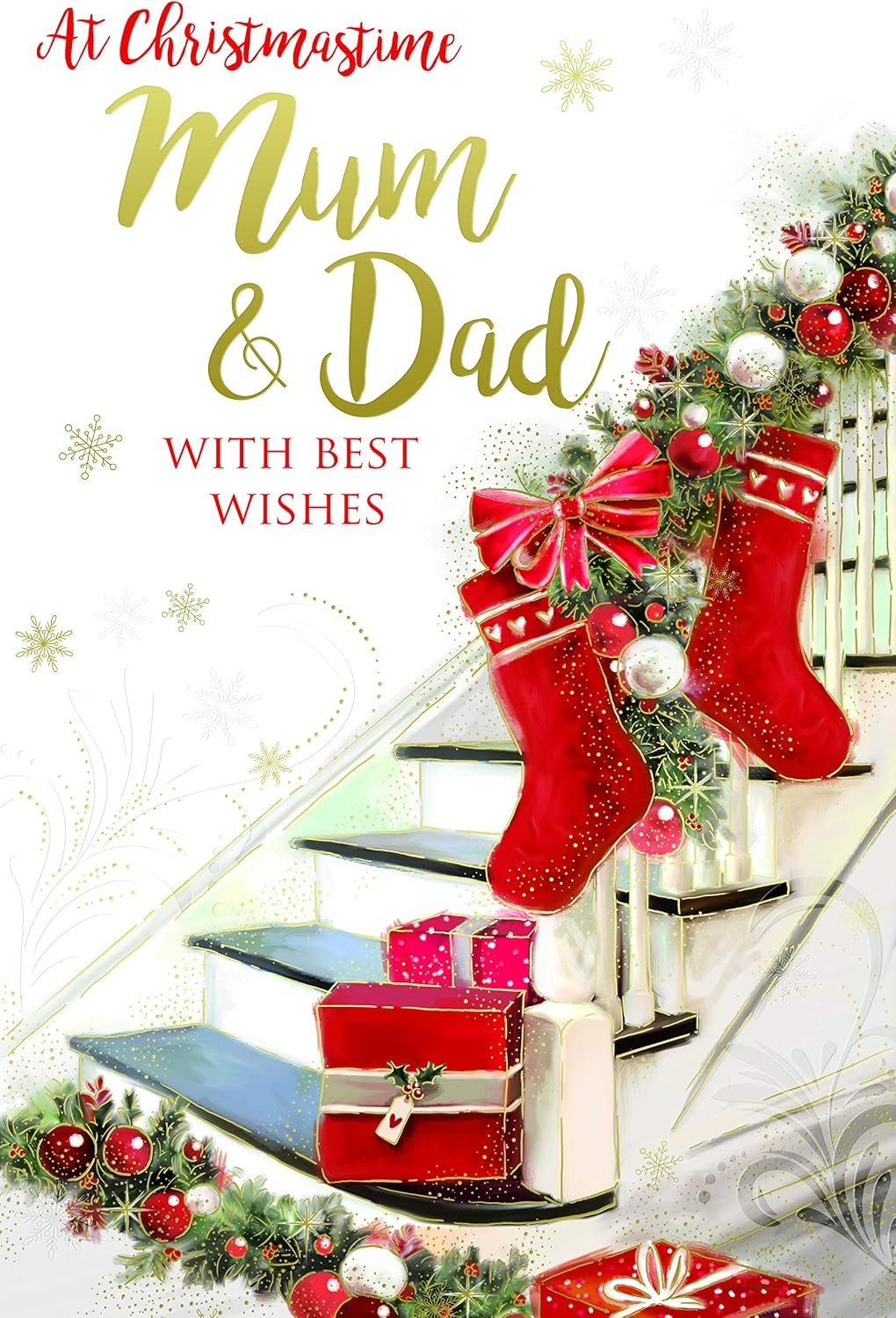 Mum & Dad Christmas Card Stairs Stockings Bauble Presents Design Lovely Verse