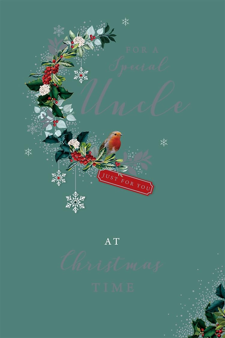 Uncle Christmas Card Modern Robin Holly Snowflakes 9" x 6" Lovely Verse