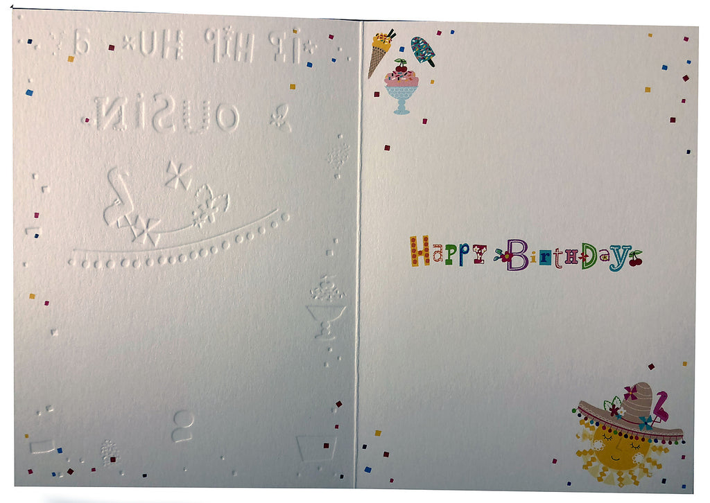Cousin Happy Birthday Card Hip Hip Hurray Sun Hat & Ice Cream Design