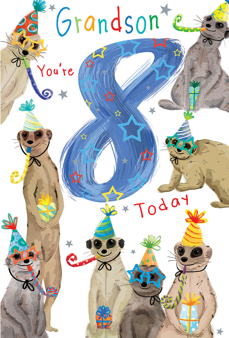 Grandson 8th Birthday Card Age 8 Meerkats 9" x 6" Lovely Verse