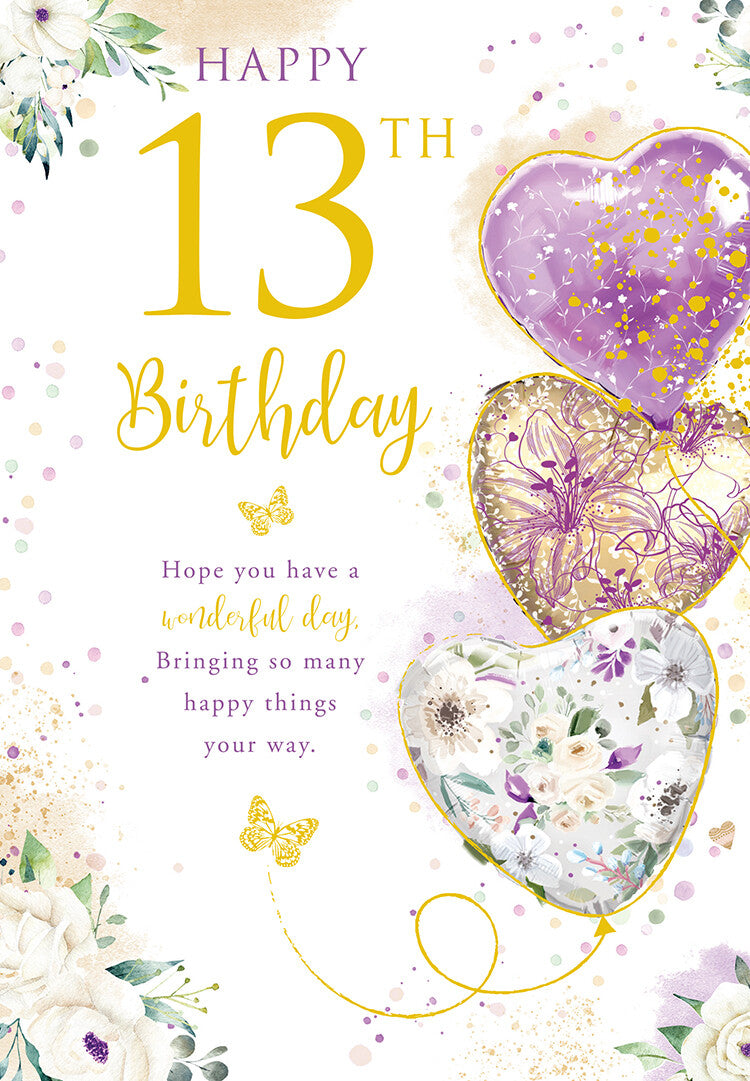 13th Birthday Card for Girl  Bright Modern Design with Heart Balloons