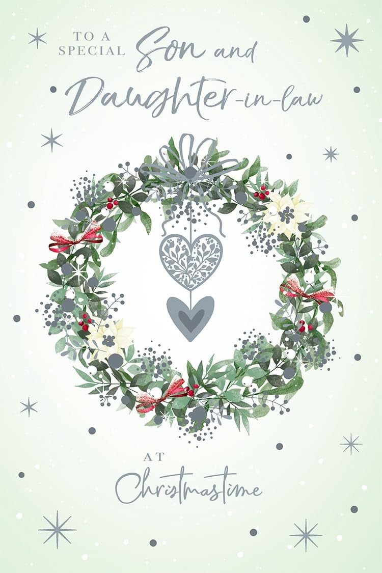 Son & Daughter in Law Christmas Card Modern Wreath 9" x 6" Lovely Verse