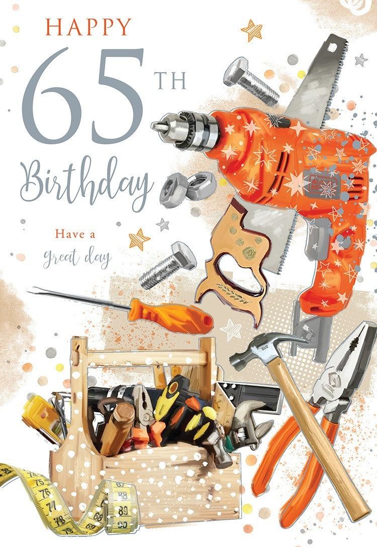 Happy 65th Birthday Card Tool Box & Power Drill DIY Theme Modern Card