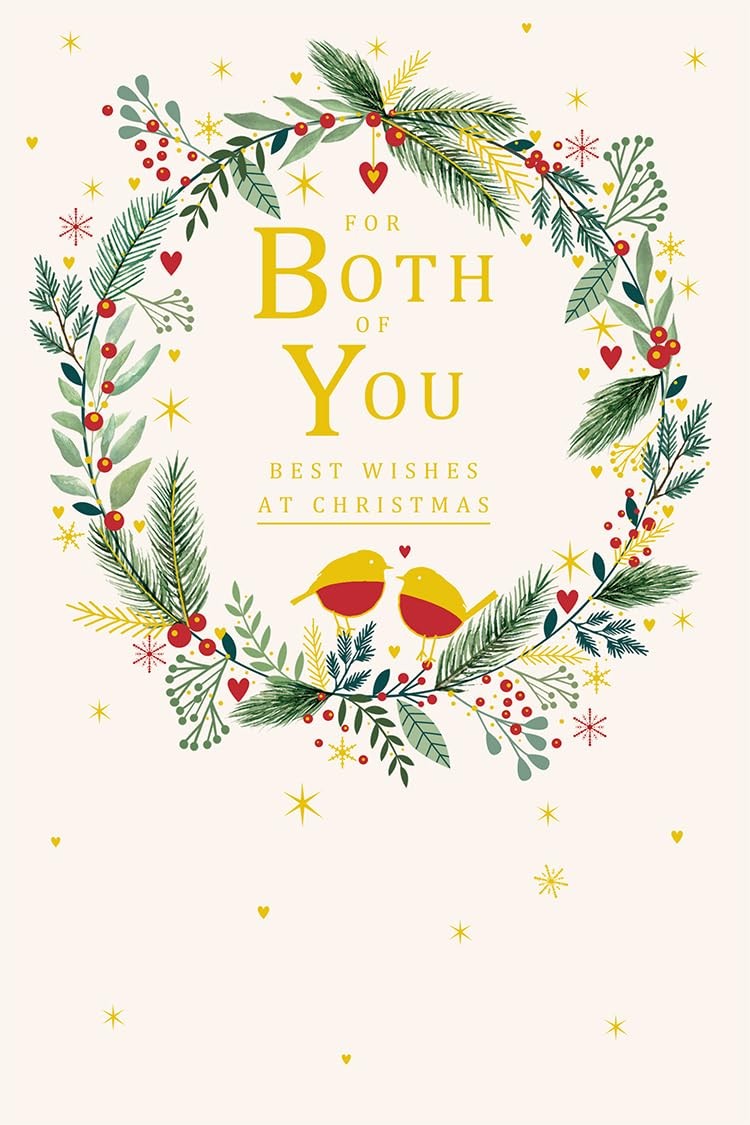 Both Of You Christmas Card Modern Wreath Robins 9" x 6" Lovely Verse