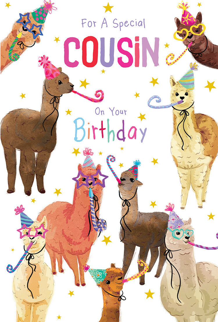 Female Cousin Birthday Card Alpacas 9" x 6" Lovely Verse
