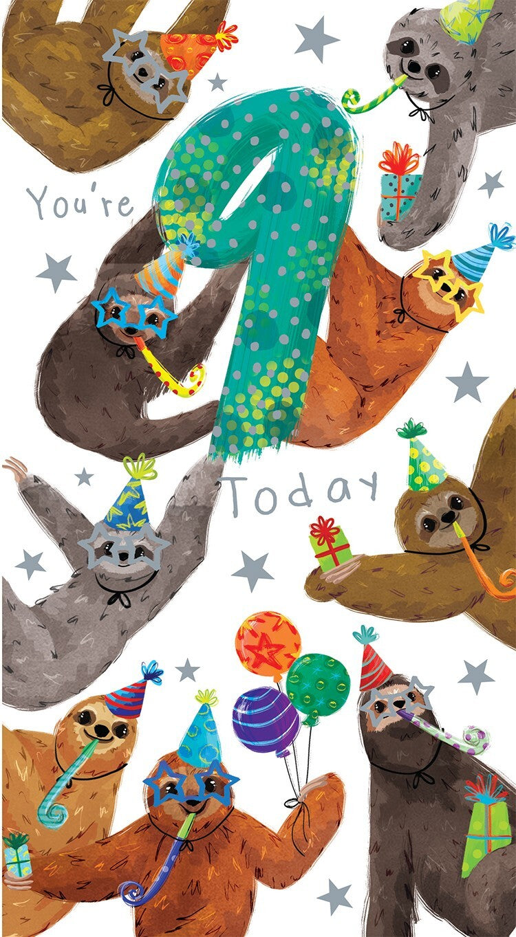 Kids 9th Birthday Card - Nine Today - Cute Sloths Party Hats Boy Girl