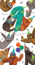 Kids 9th Birthday Card - Nine Today - Cute Sloths Party Hats Boy Girl