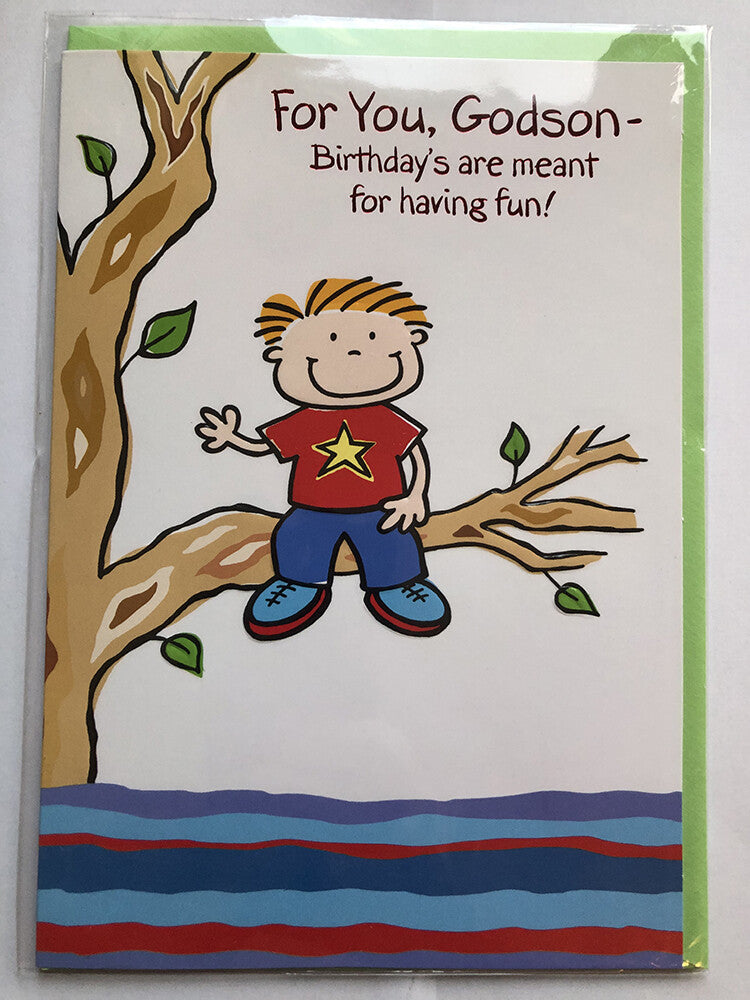 Godson Happy Birthday Card Boy Waving Sitting On Tree Branch