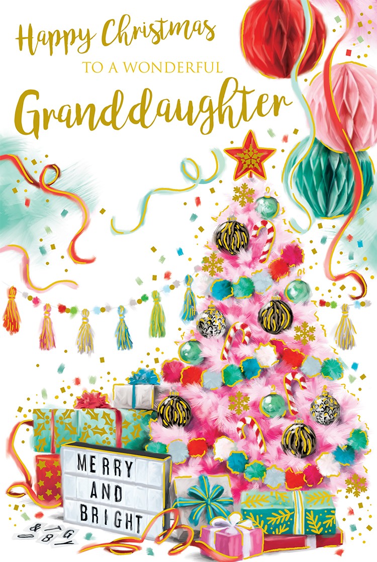 Granddaughter Christmas Card Modern Tree & Baubles Large 9" x 6" Lovely Verse