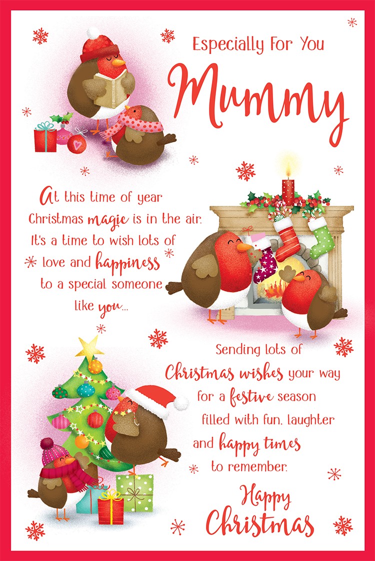 Mummy Christmas Card Cute Robin Tree Stockings 9" x 6" Lovely Verse