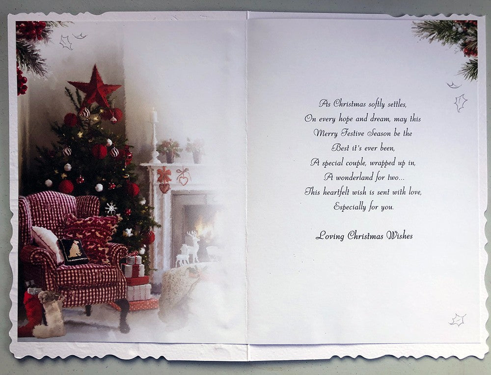 Special Son & Daughter in Law Christmas Card  Large Cozy Fireplace Scene