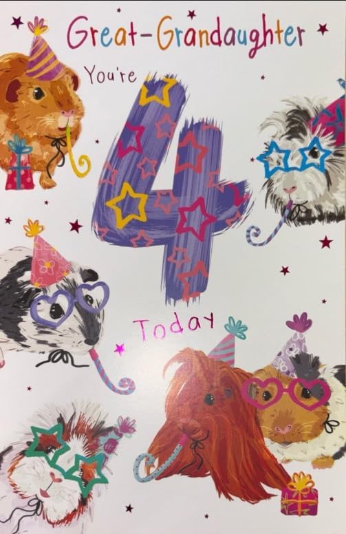 4th Birthday Card for Great-Granddaughter  Guinea Pig Design  15x23cm