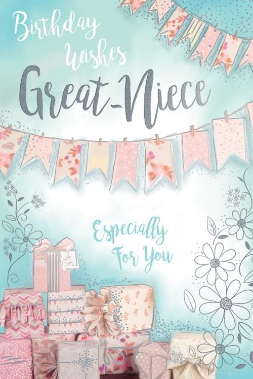 Great Niece Birthday Card - Pastel Bunting & Gifts Design,