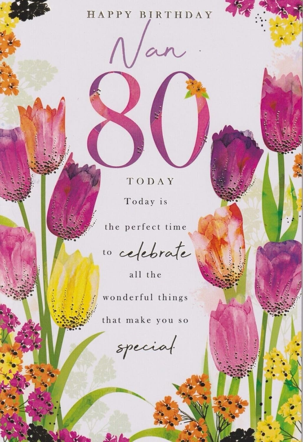 80th Birthday Card for Nan  Tulip Floral Design  15x23cm with Insert