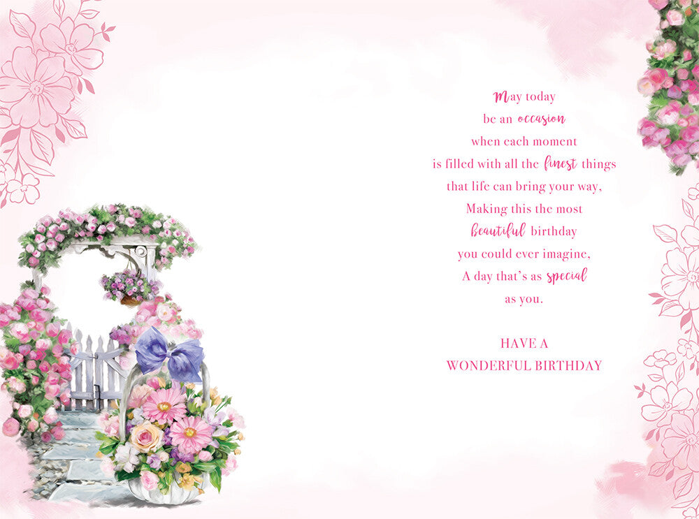Nan Happy Birthday Card Flowers & Gate 9" x 6"