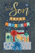To A Special Son Happy Birthday Card - Presents, Banner & Stars