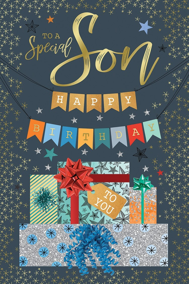 To A Special Son Happy Birthday Card - Presents, Banner & Stars